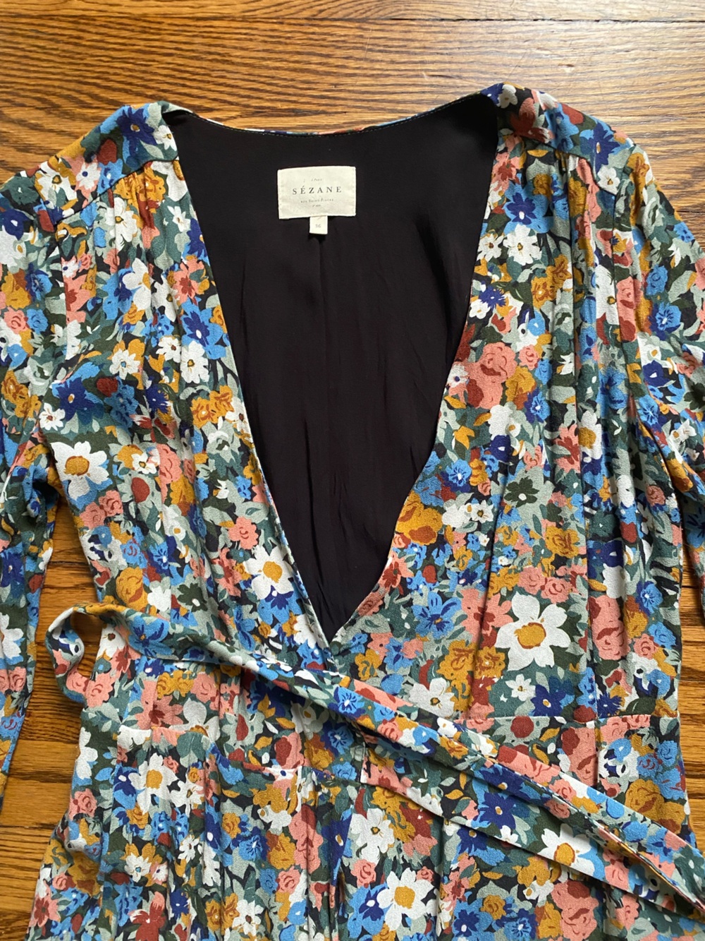 Sezane  Nadia Floral Wrap Dress in Blue, Green, Pink and Mustard
